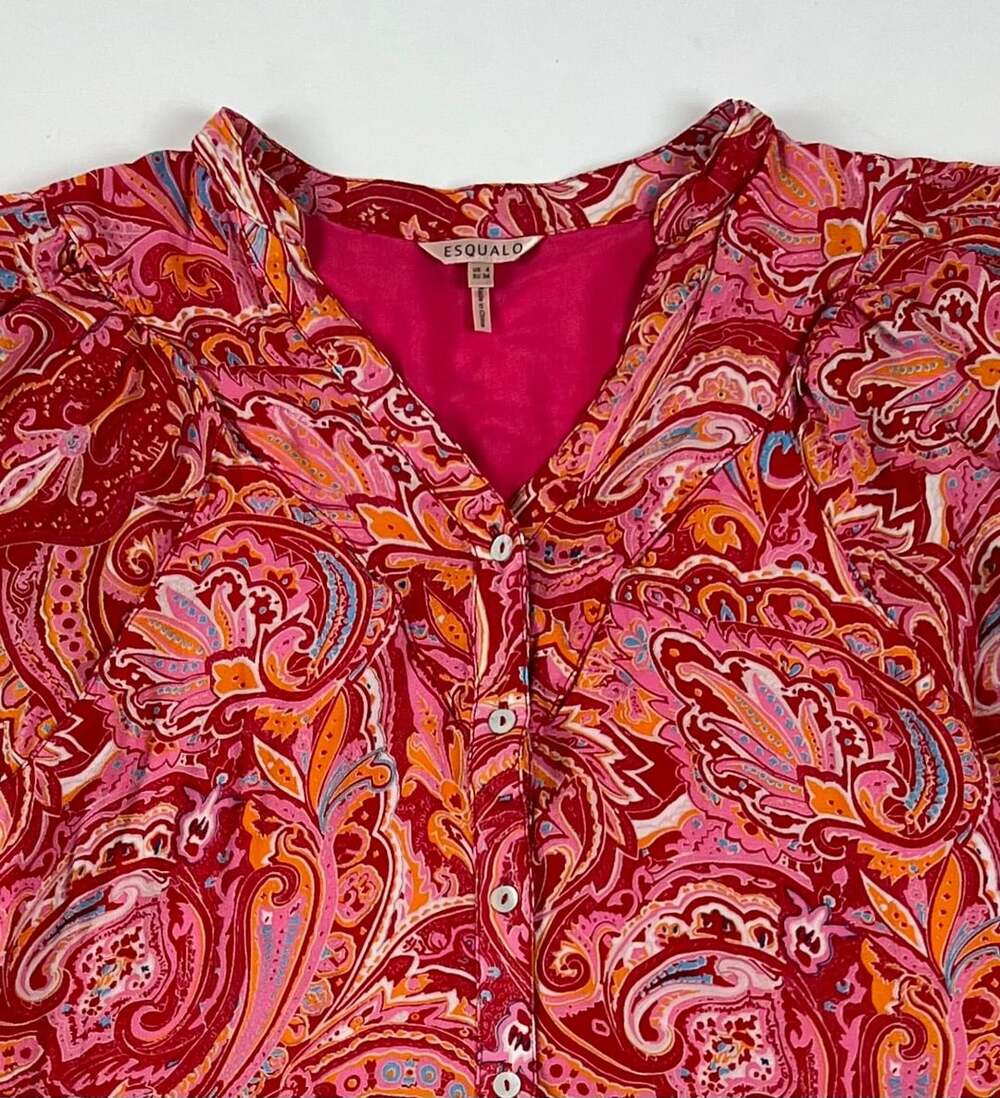 Esqualo Red Pink Paisley Button Down Long Sleeve Shirt Dress US 4